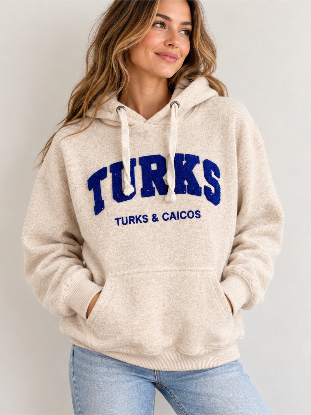 Ocean Drive Turks & Caicos Varsity Hoodie Ivory Blue S